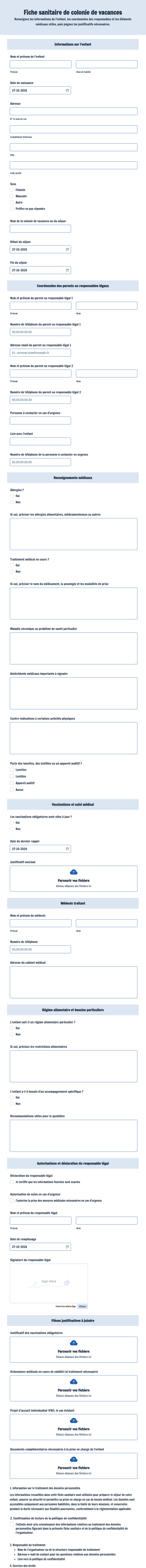 Fiche Sanitaire De Colonie De Vacances