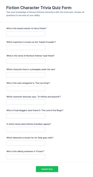 Fiction Character Trivia Quiz Form Template