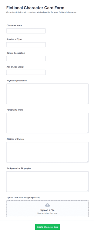 Fictional Character Card Form Template