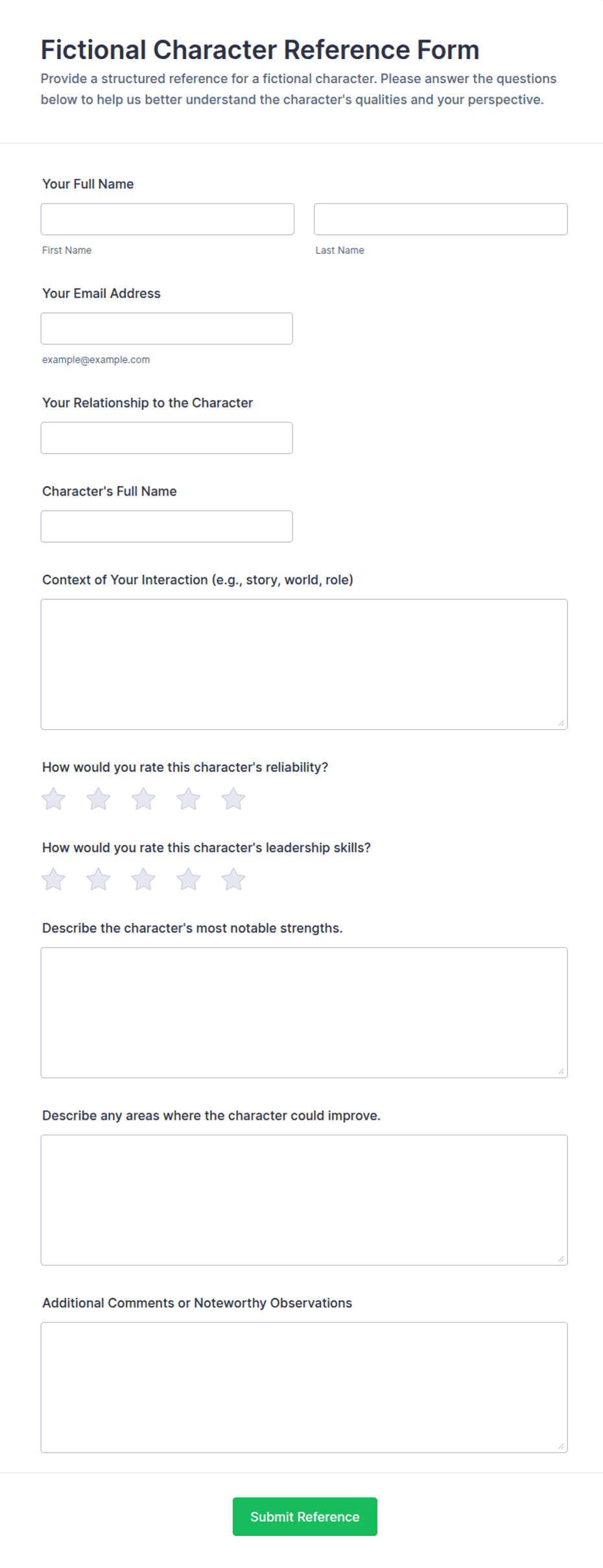 Fictional Character Reference Form Template | Jotform