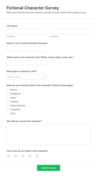 Fictional Character Survey Form Template