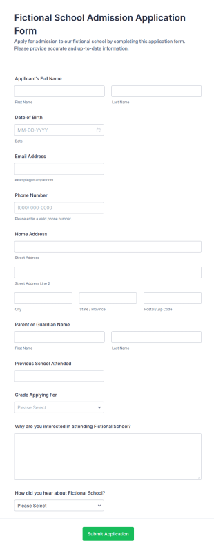 Fictional School Admission Application Form Template
