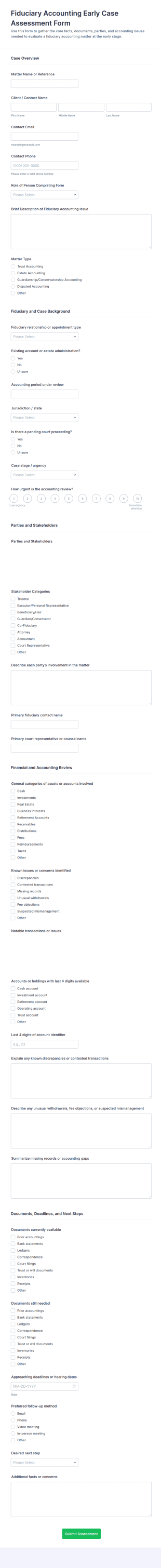 Fiduciary Accounting Early Case Assessment Form Template