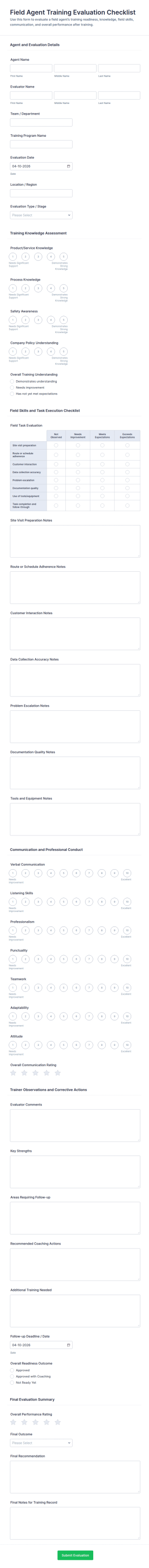 Field Agent Training Evaluation Checklist Form Template