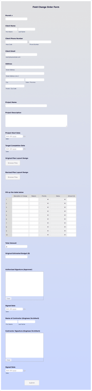 Field Change Order Form Template