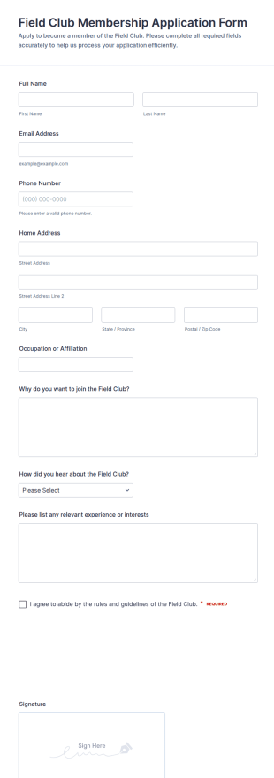 Field Club Membership Application Form Template