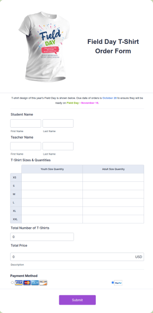 Field Day T Shirt Order Form Template