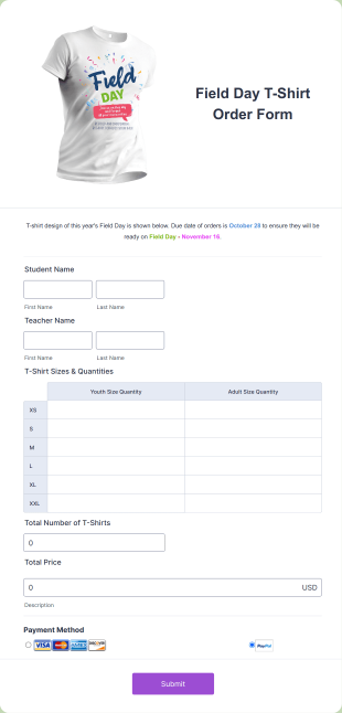 Field Day T Shirt Order Form Template