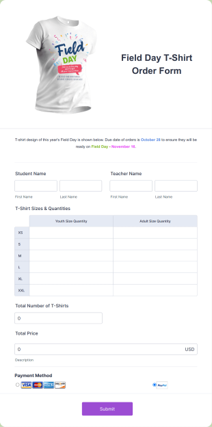 Field Day T Shirt Order Form Template