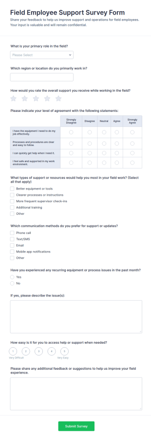 Field Employee Support Survey Form Template