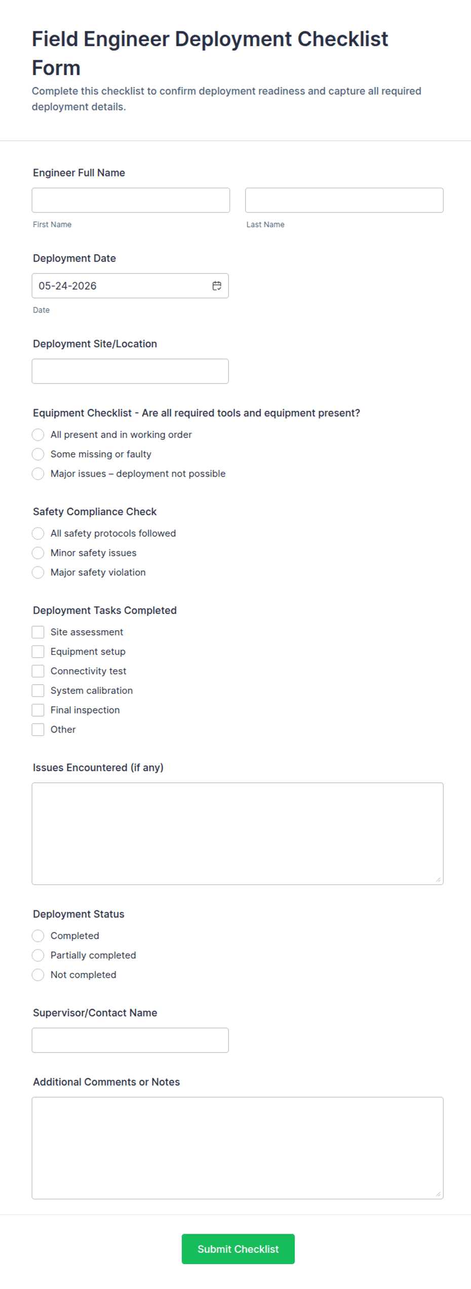Field Engineer Deployment Checklist Form Template | Jotform
