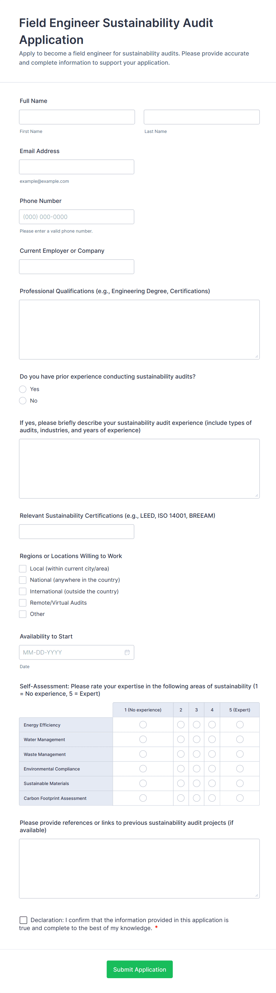 Field Engineer Sustainability Audit Application Form Template | Jotform