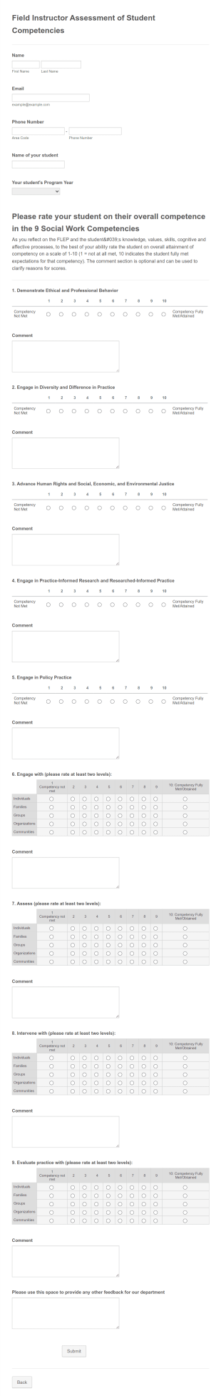 Field Instructor Assessment Of Student Competencies Form Template