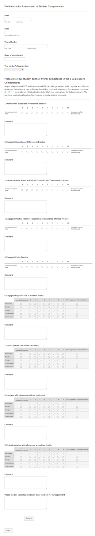 Field Instructor Assessment Of Student Competencies Form Template