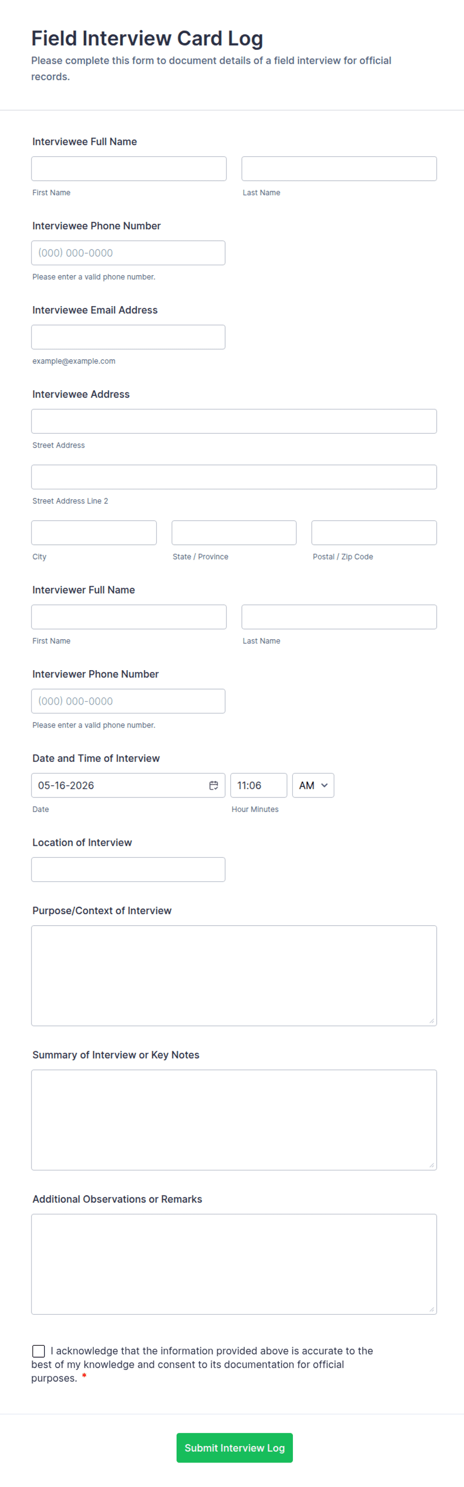 Field Interview Card.pdf Field Interview Card Log Form Template | Jotform