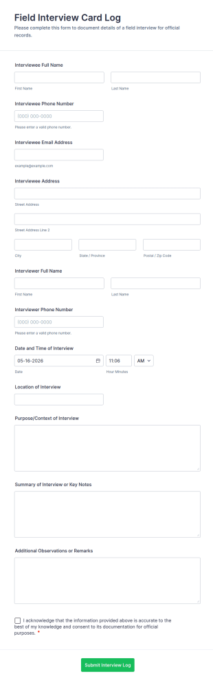 Field Interview Card Log Form Template