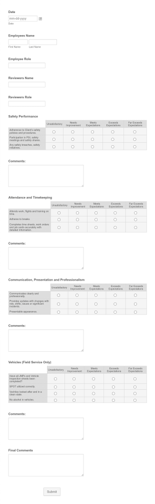FIELD MAINTENANCE Performance Review Client Form Template