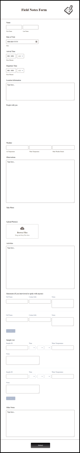 Field Notes Form Template
