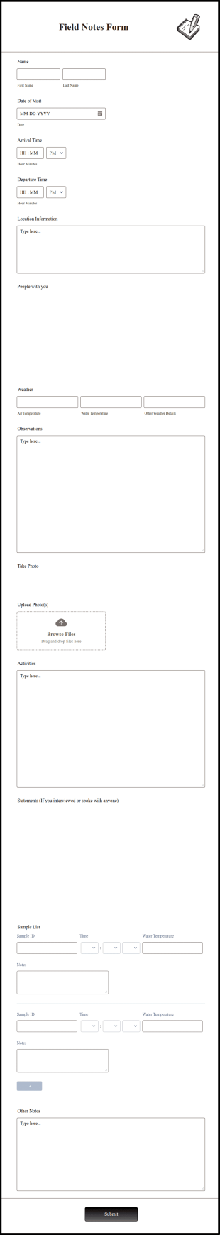 Field Notes Form Template