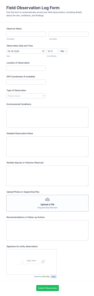 Field Observation Log Form Template