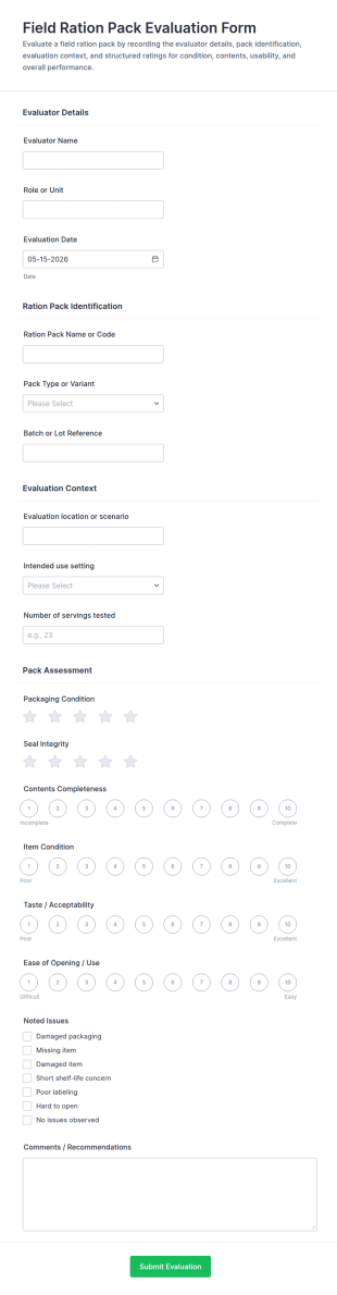 Field Ration Pack Evaluation Form Template