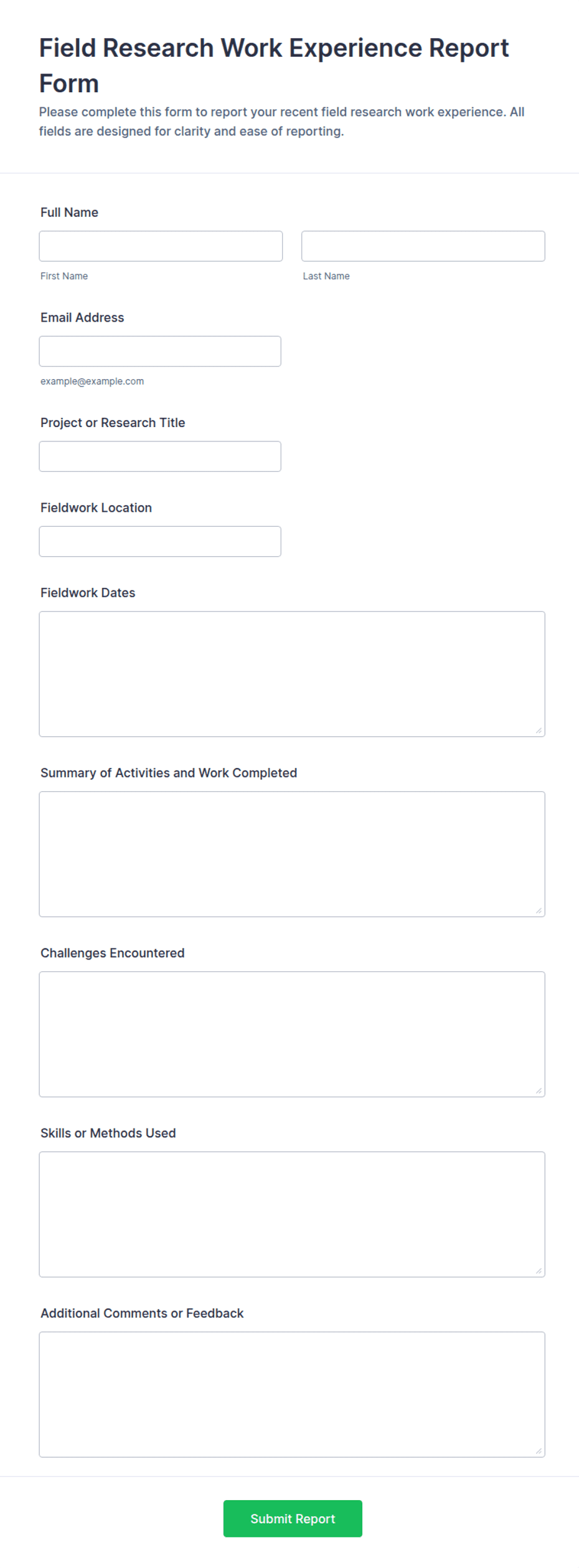 Reort Sample Field Research Work Experience Report Form Template | Jotform