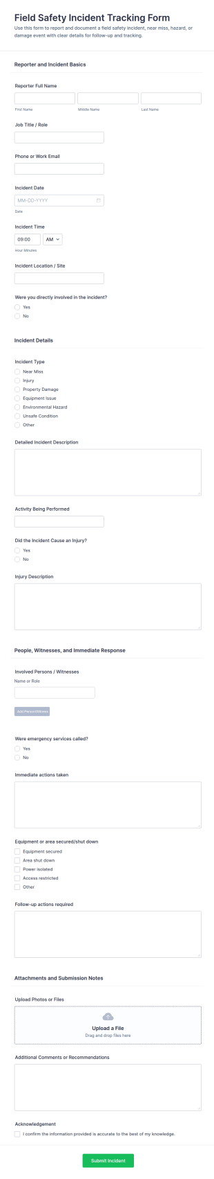Field Safety Incident Tracking Form Template