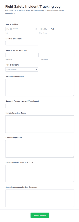 Field Safety Incident Tracking Log Form Template