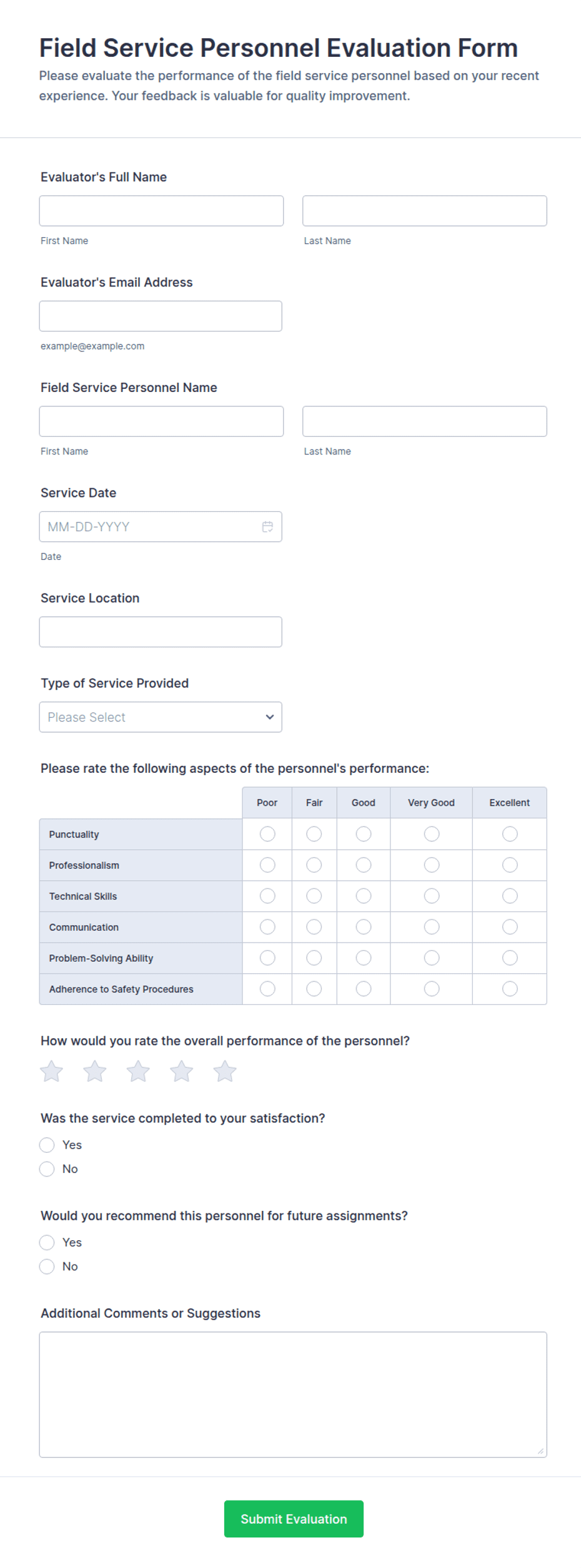 Field Service Personnel Evaluation Form Template | Jotform