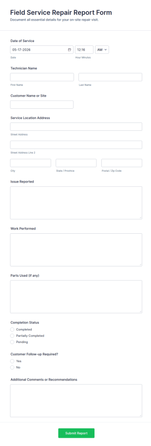 Field Service Repair Report Form Template