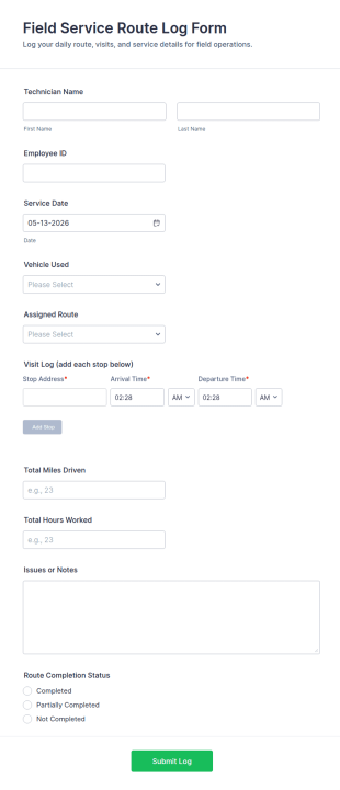Field Service Route Log Form Template
