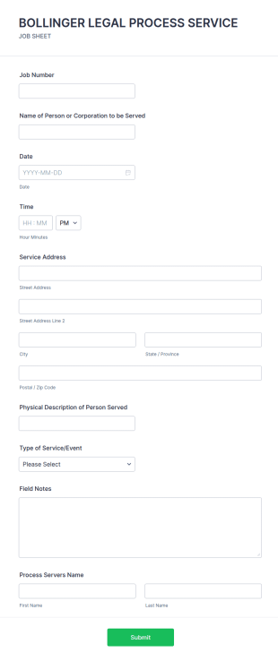 Legal Process Service Job Form Template