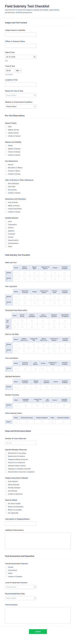 Field Sobriety Test Checklist Form Template