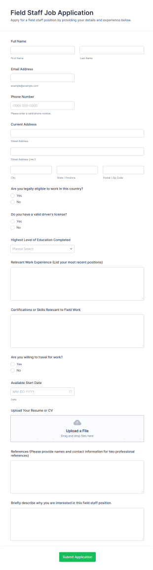 Field Staff Job Application Form Template