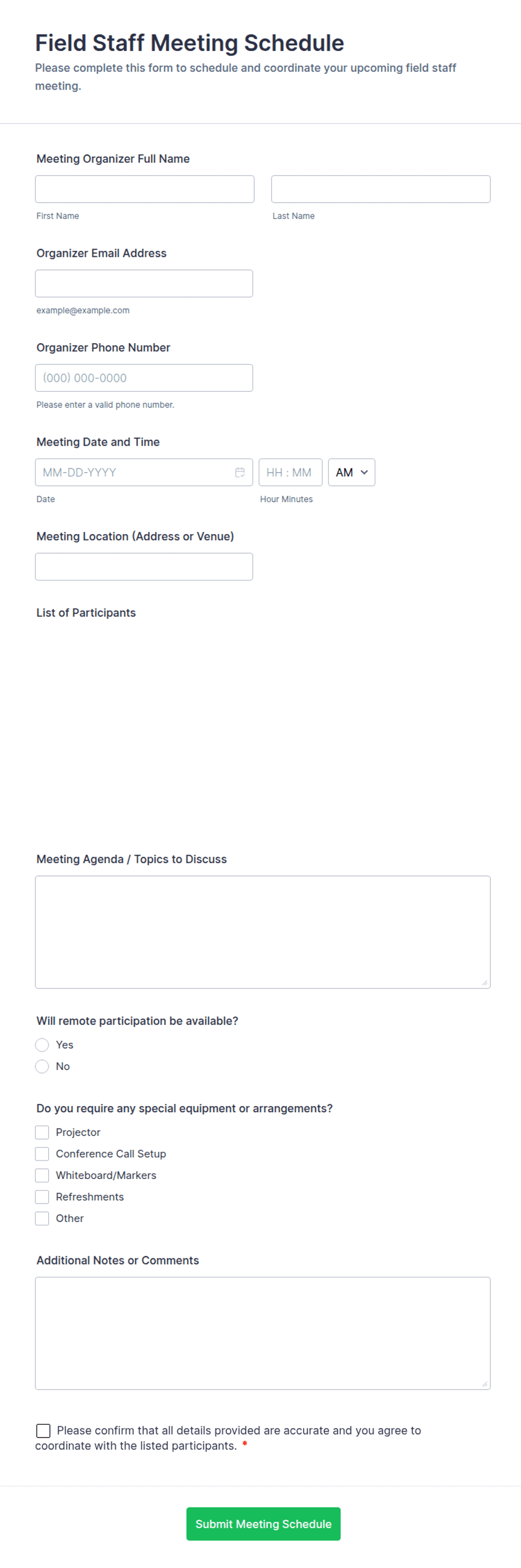 Field Staff Meeting Schedule Form Template | Jotform