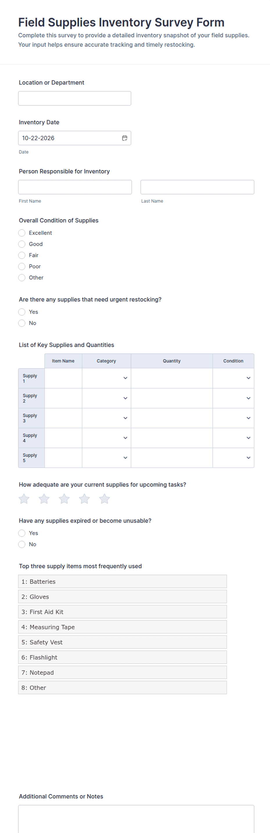 Field Supplies Inventory Survey Form Template | Jotform