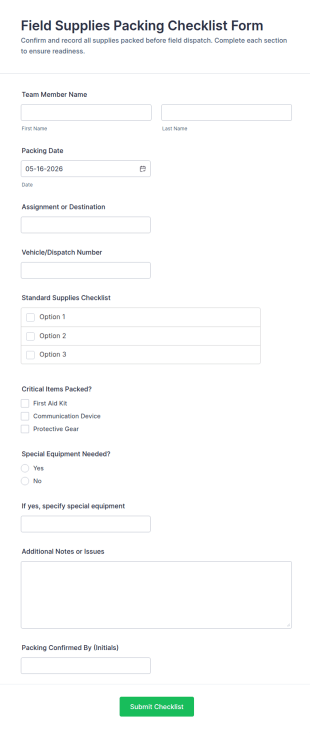 Field Supplies Packing Checklist Form Template