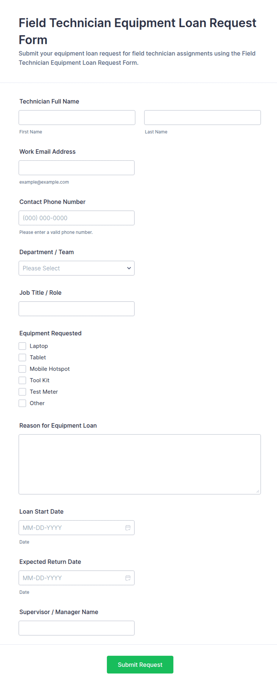 Field Technician Equipment Loan Request Form Template | Jotform
