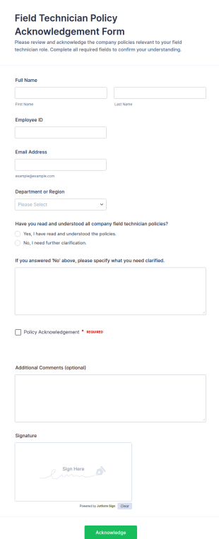 Field Technician Policy Acknowledgement Form Template