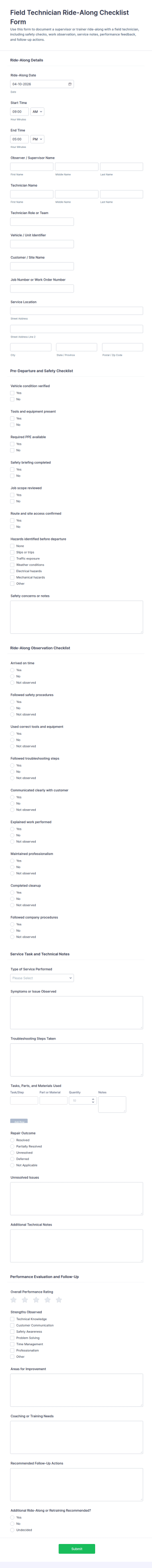 Field Technician Ride Along Checklist Form Template