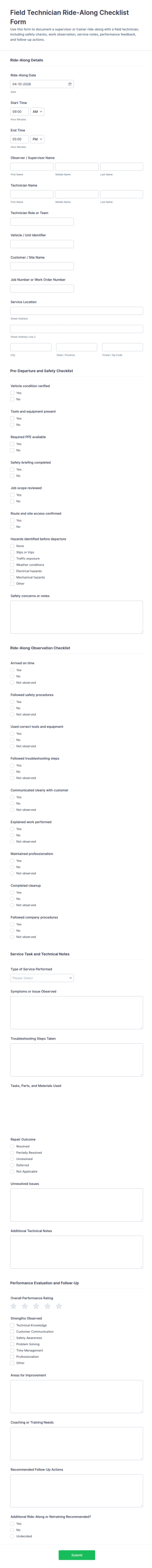 Field Technician Ride Along Checklist Form Template