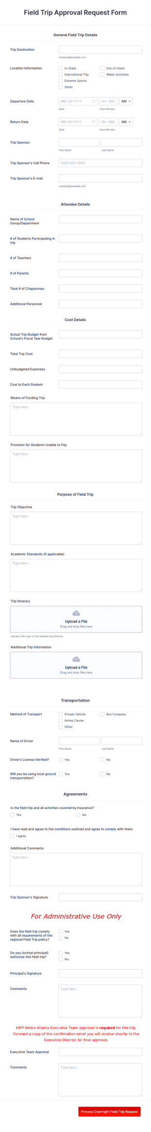Field Trip Approval Request Form Template