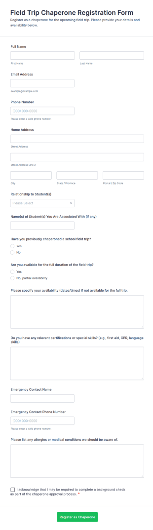 Field Trip Chaperone Registration Form Template