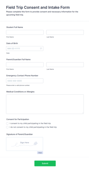 Field Trip Consent And Intake Form Template