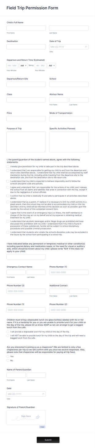 Field Trip Permission Form Template