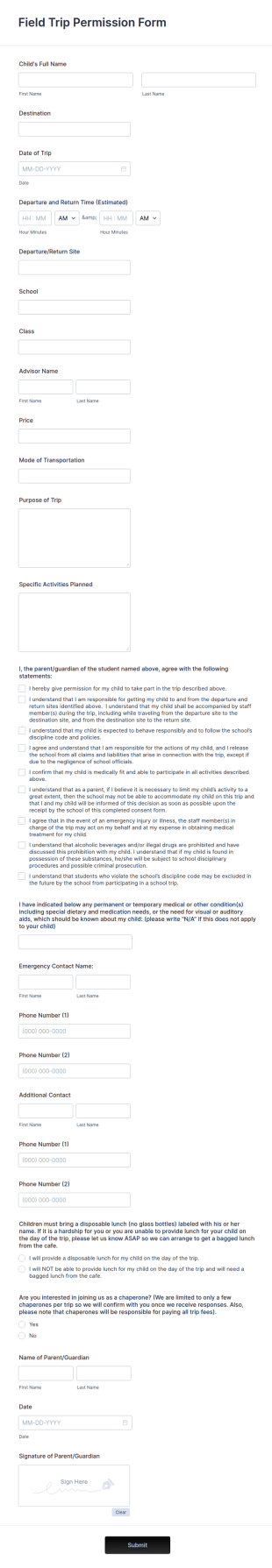 Field Trip Permission Form Template