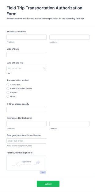Field Trip Transportation Authorization Form Template