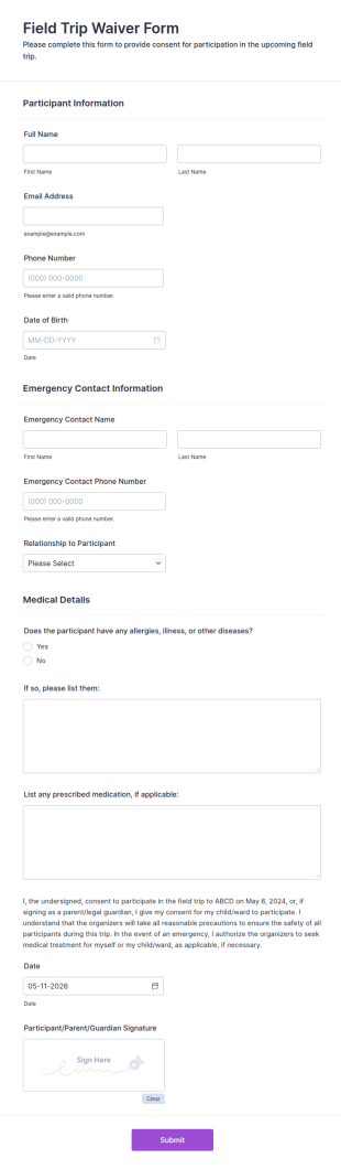 Field Trip Waiver Form Template