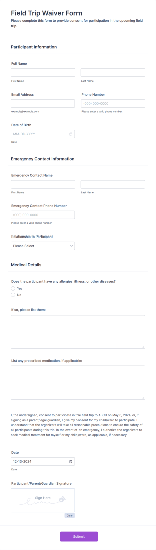 Field Trip Waiver Form Template