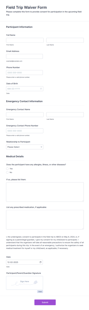Field Trip Waiver Form Template